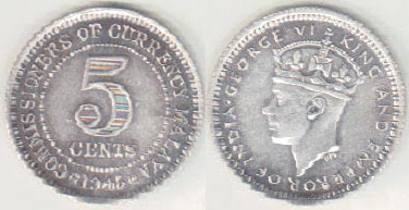 1945 Malaya silver 5 Cents A003381